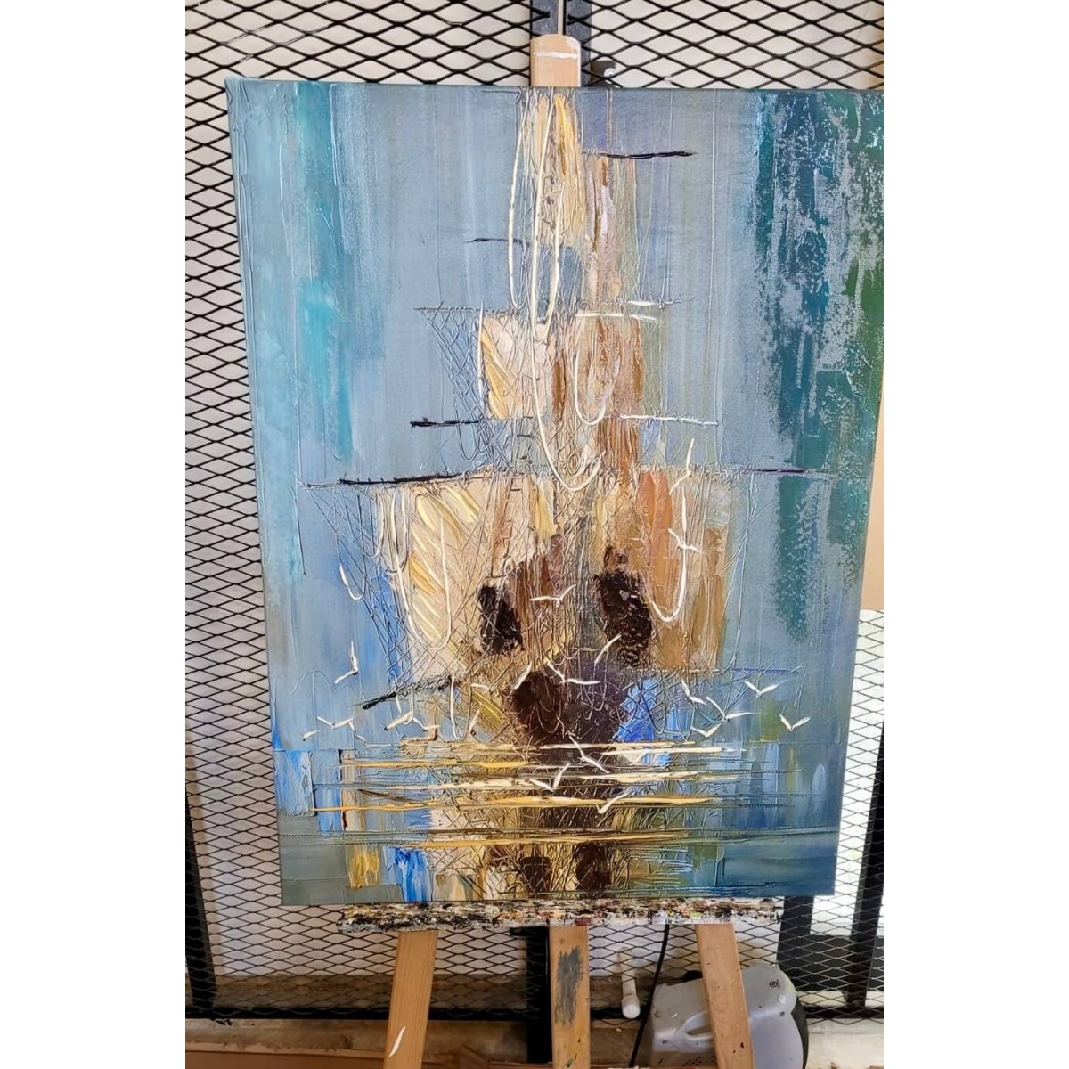 Abstract Sailboat Textured Partial Oil Painting