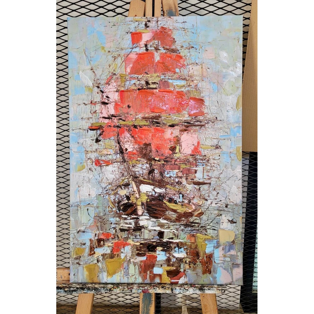 Abstract Red Sailboat Textured Partial Oil Painting