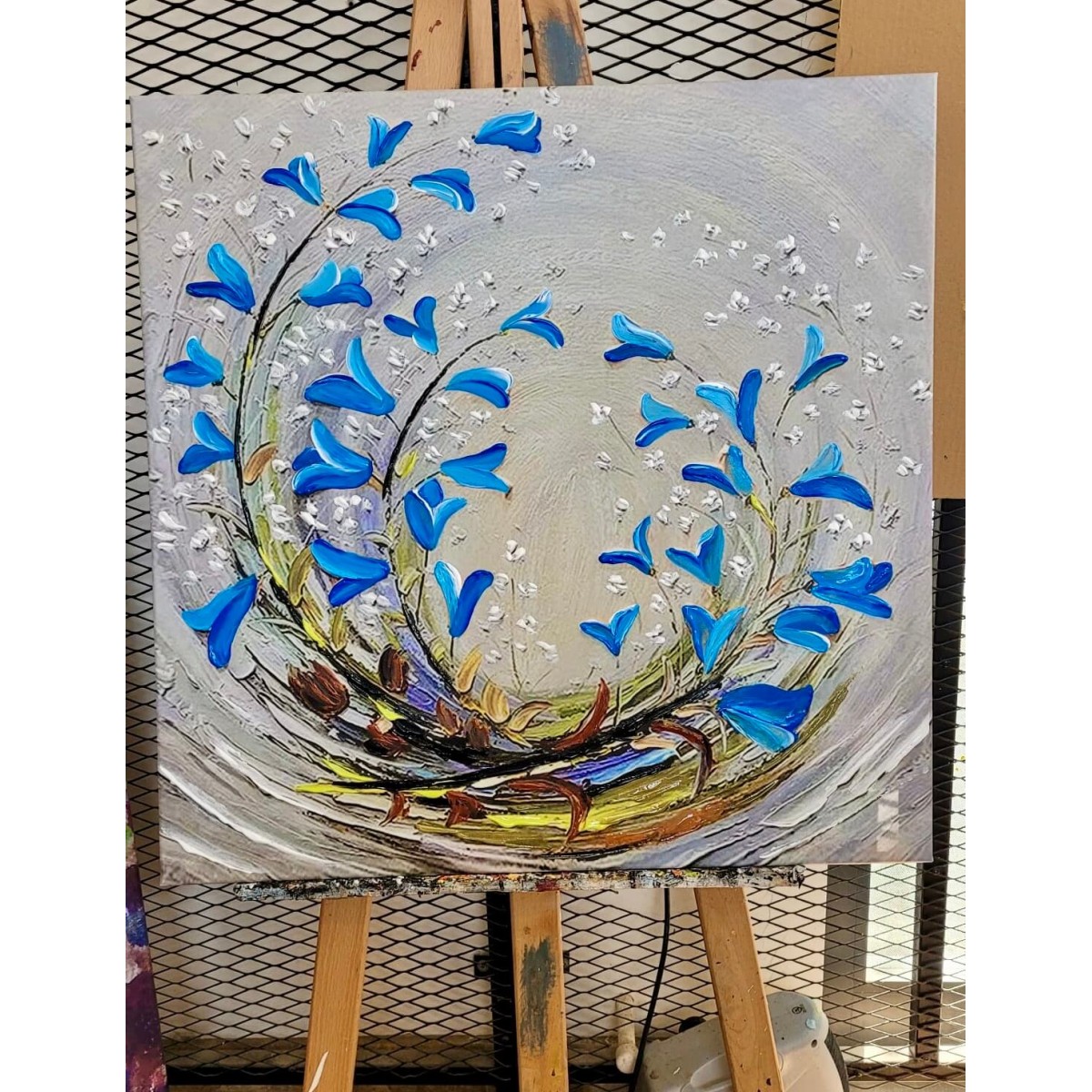 Abstract Blue Flower Tornado Textured Partial Oil Painting
