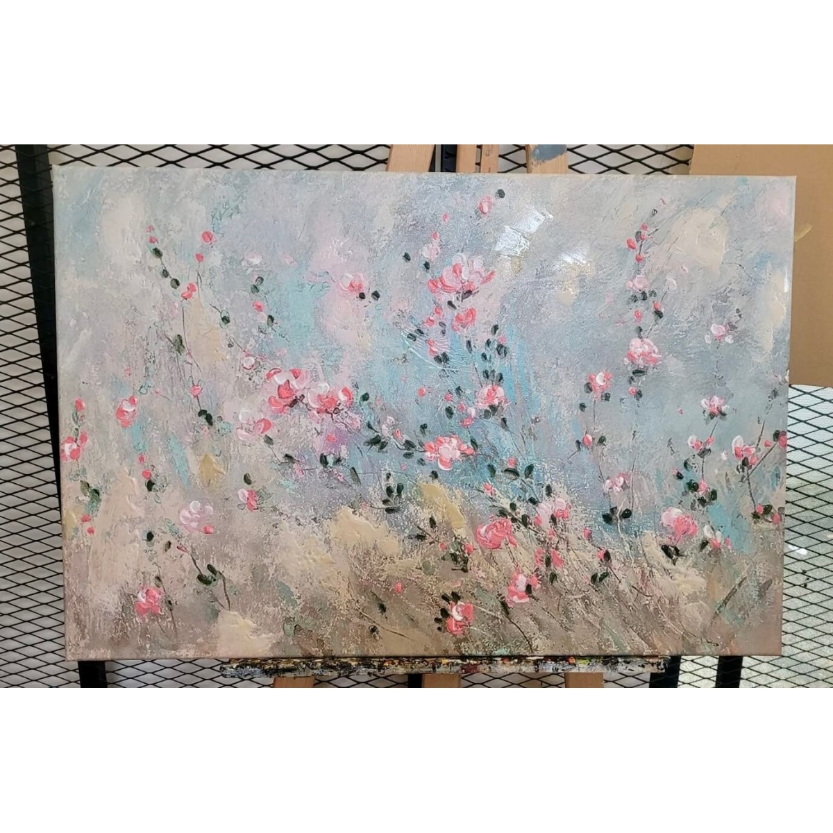 Pale Pink Flowers Textured Partial Oil Painting
