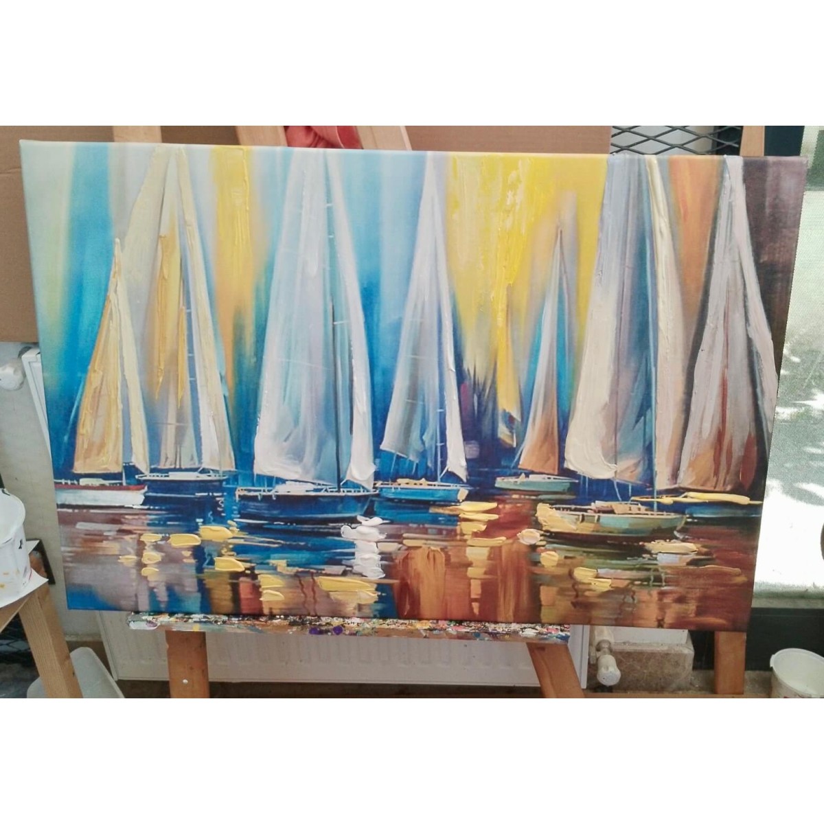 Abstract Sailboats Textured Partial Oil Painting