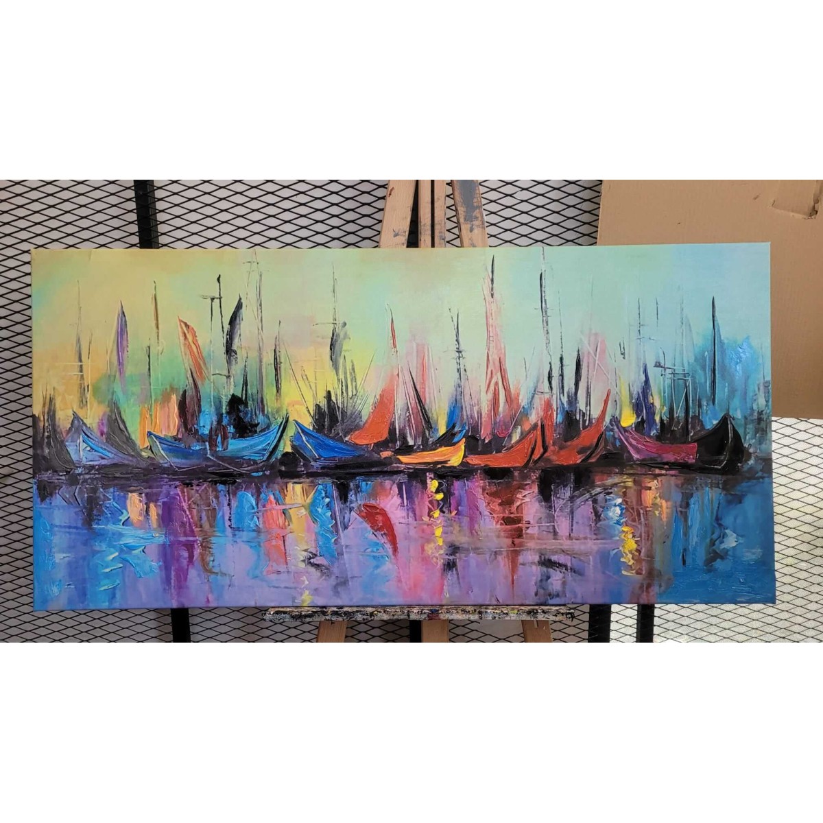 Abstract Colorful Sailboats Textured Partial Oil Painting