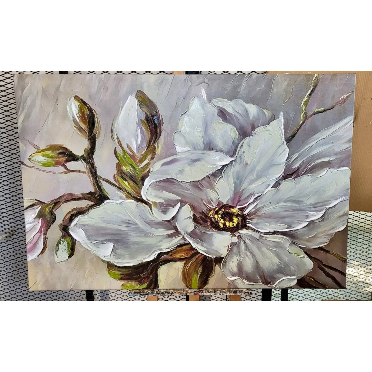 White Flower Buds Textured Partial Oil Painting