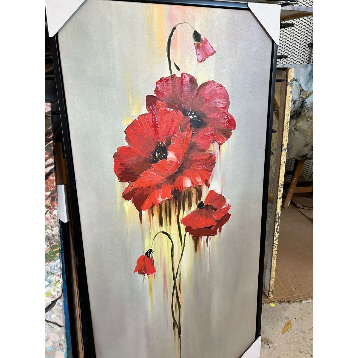 Abstract Floating Red Flowers Textured Partial Oil Painting