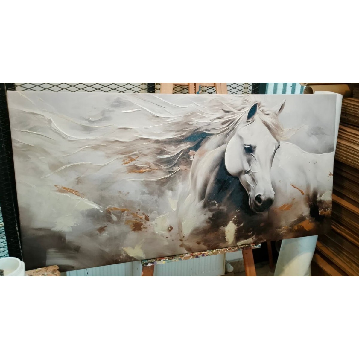 White-maned Horse Textured Partial Oil Painting
