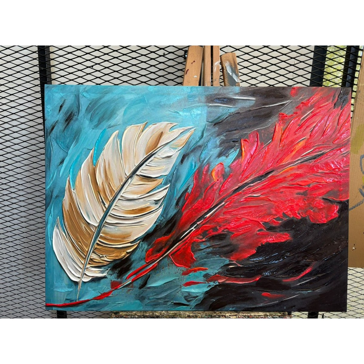 Red Blue Feather Textured Partial Oil Painting