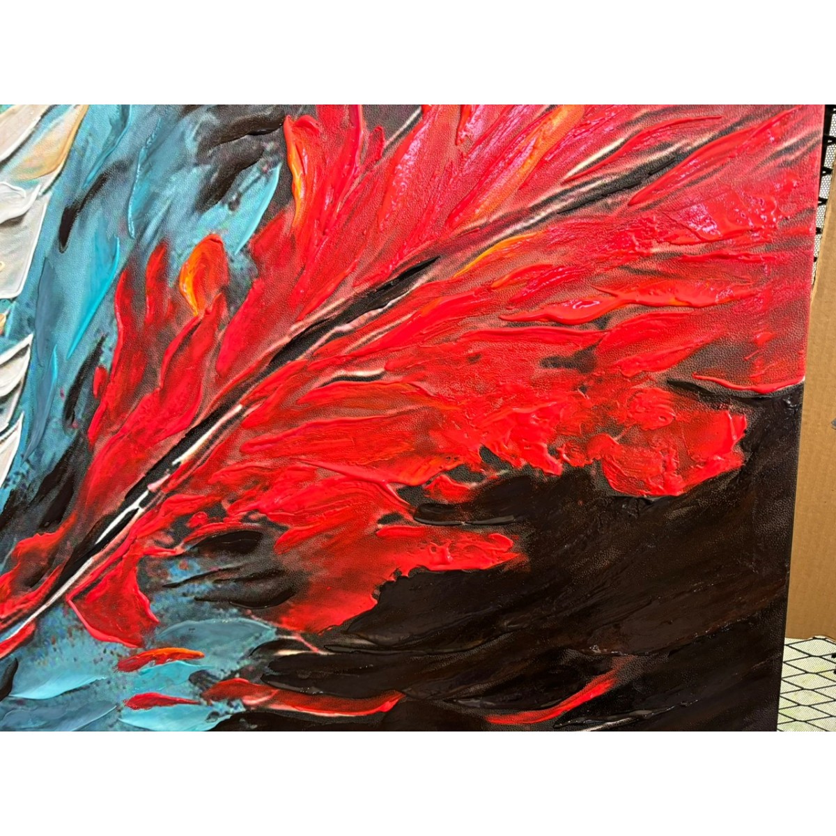 Red Blue Feather Textured Partial Oil Painting
