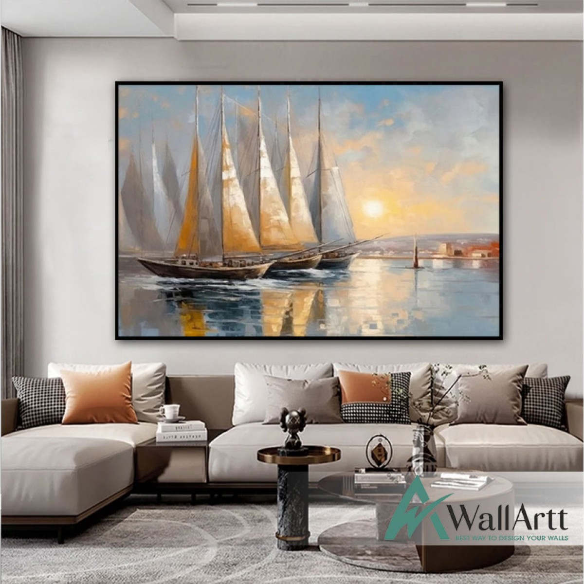 Gold Sailboats Textured Partial Oil Painting