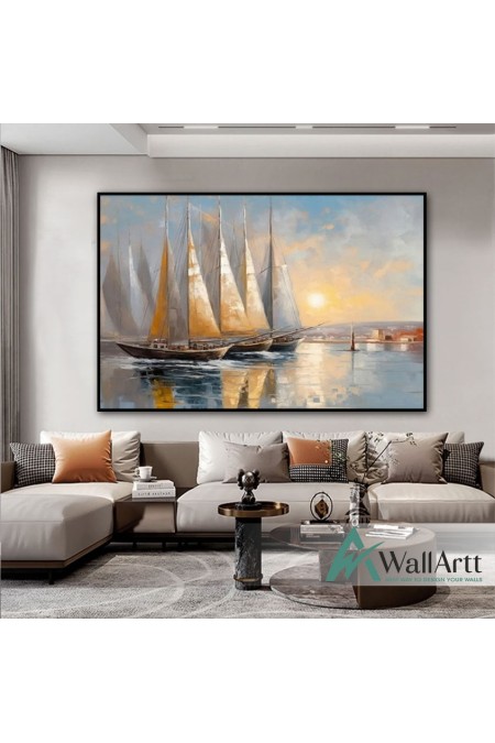 Gold Sailboats Textured Partial Oil Painting