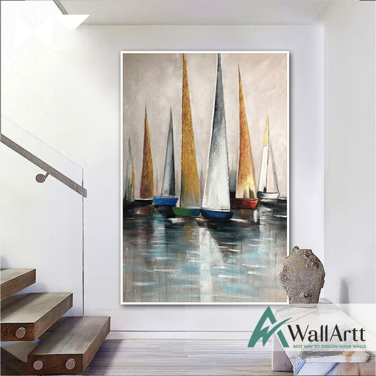 Gold Sailboats II Textured Partial Oil Painting