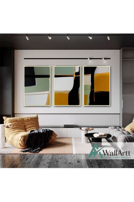 Green Mustard Abstract 3 Piece Textured Partial Oil Painting