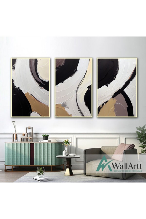Brown Black Abstract 3 Piece Textured Partial Oil Painting