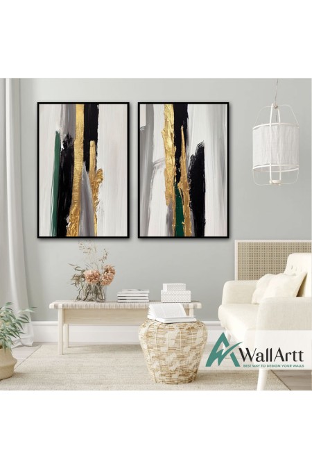 Dark Green Abstract 2 Piece Textured Partial Oil Painting
