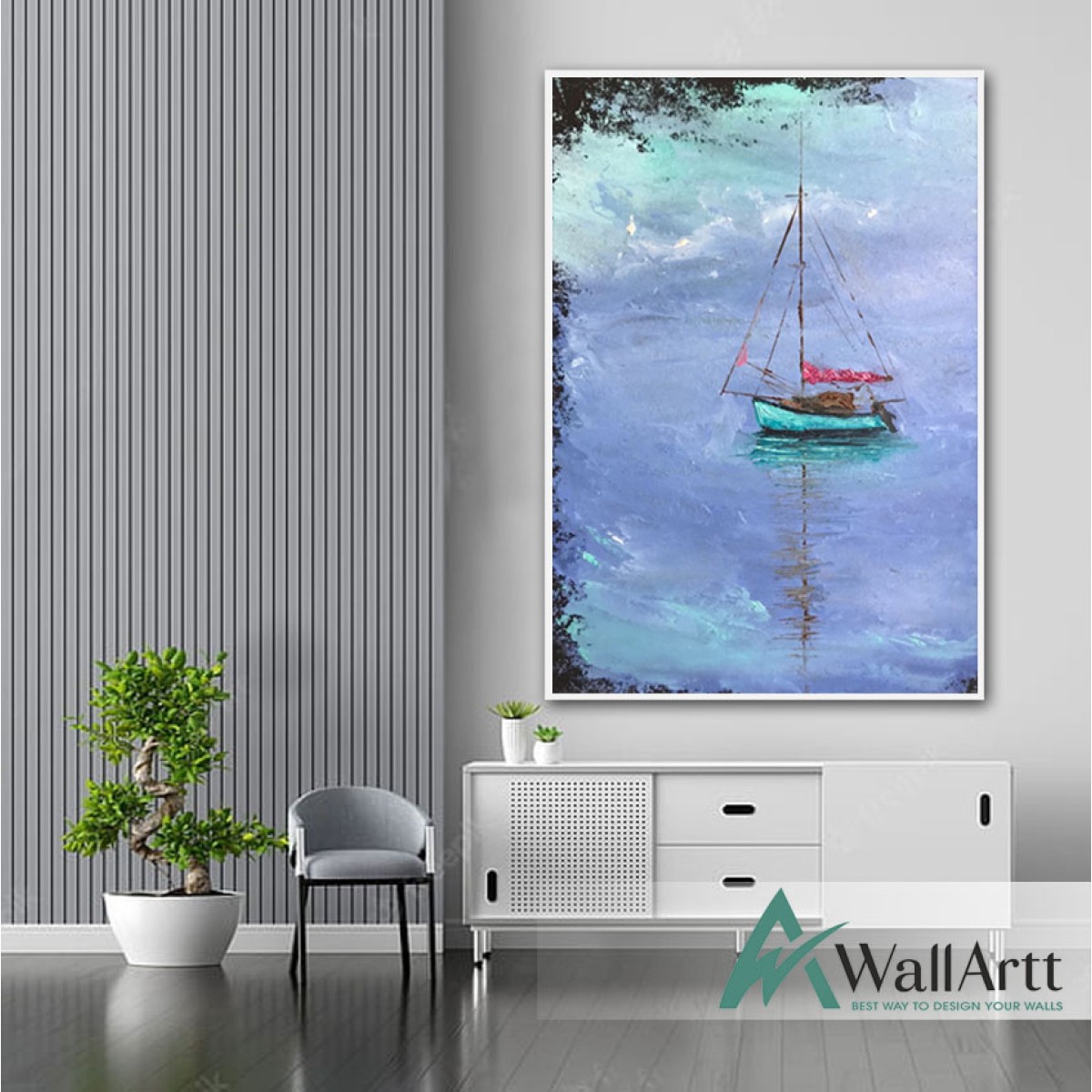 Green Sailboat Textured Partial Oil Painting