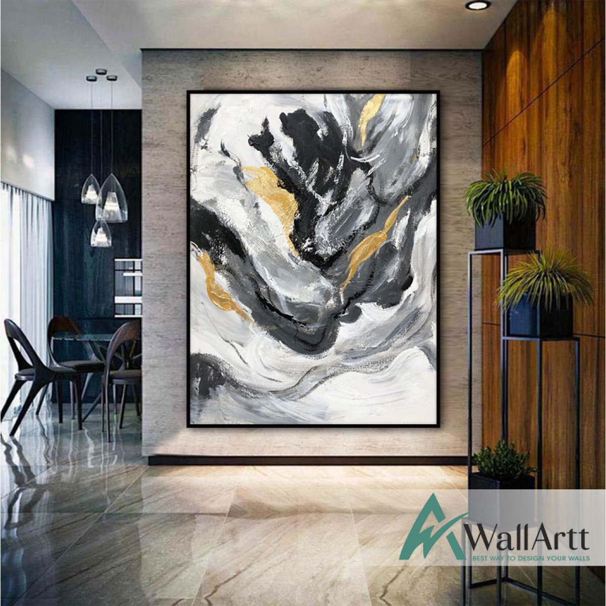 Abstract Black Gold Swirls II Textured Partial Oil Painting