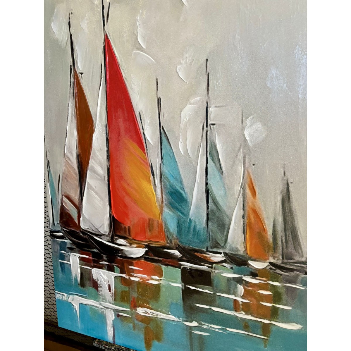Orange n Blue Sailboats Textured Partial Oil Painting