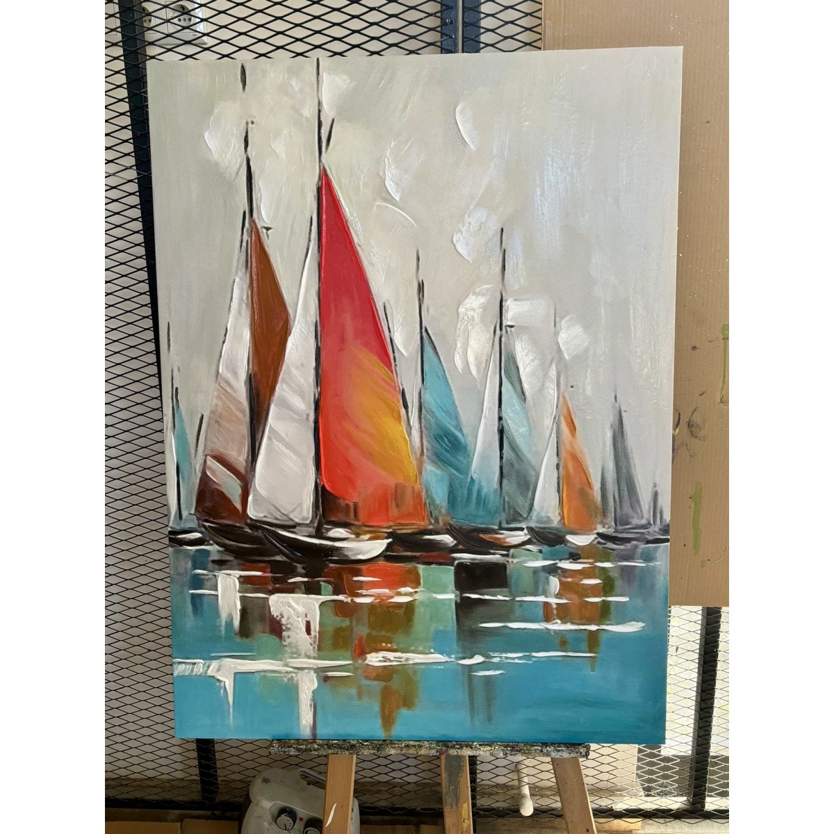 Orange n Blue Sailboats Textured Partial Oil Painting