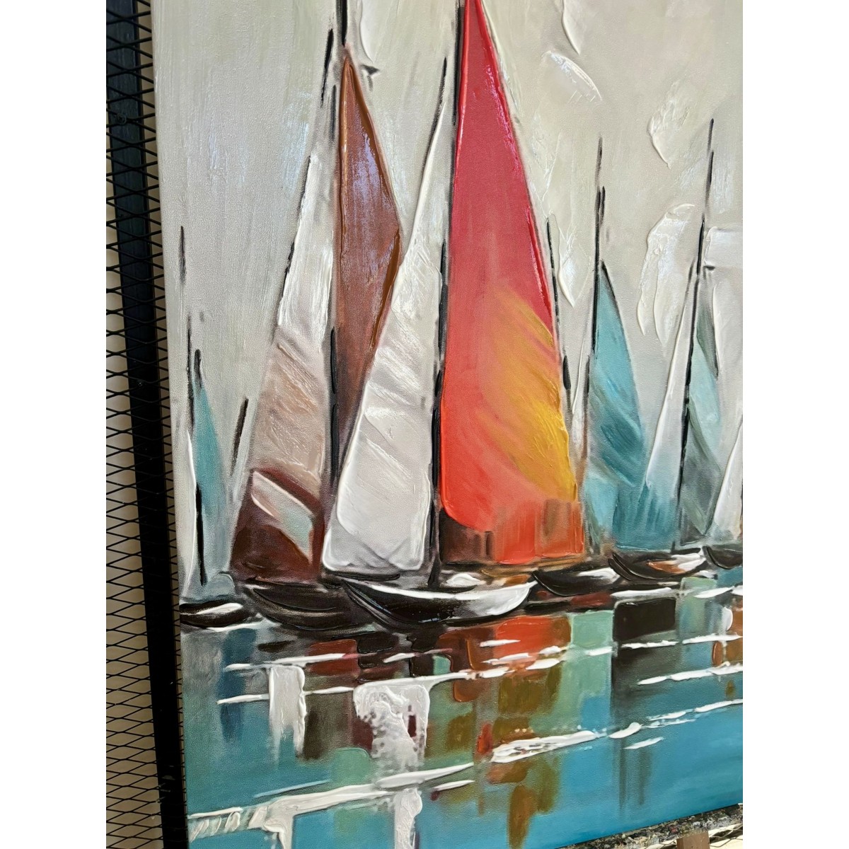 Orange n Blue Sailboats Textured Partial Oil Painting