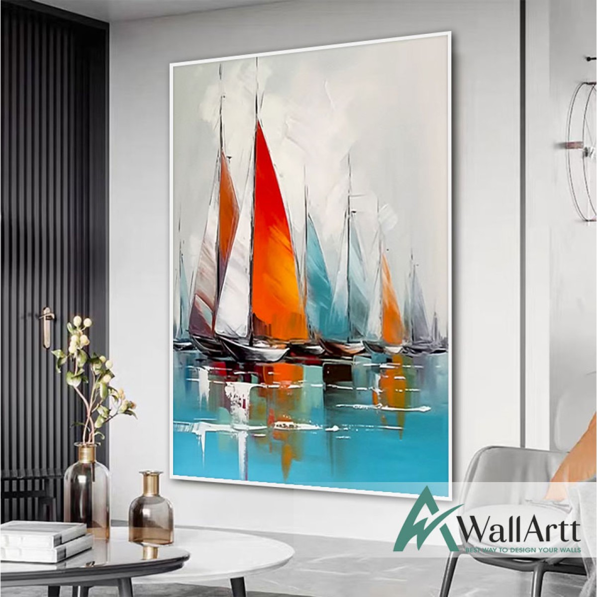 Orange n Blue Sailboats Textured Partial Oil Painting