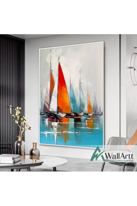 Orange n Blue Sailboats Textured Partial Oil Painting