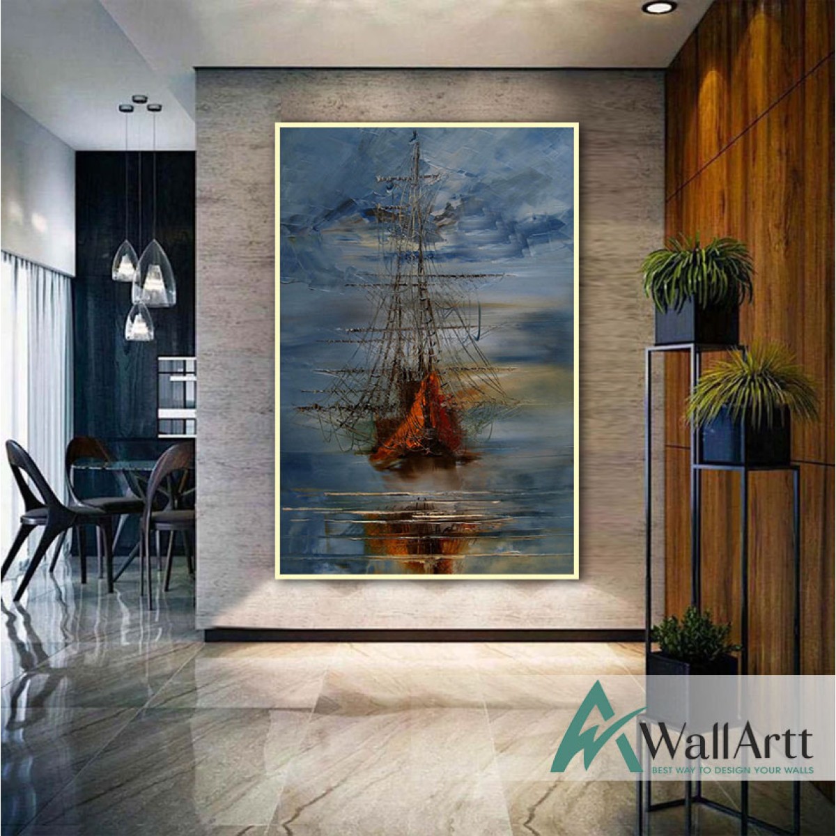 Orange Sailboat II Textured Partial Oil Painting