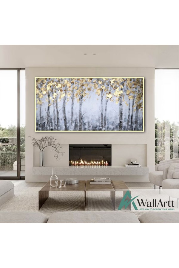 Gold Leaves Textured Partial Oil Painting - Wall Art