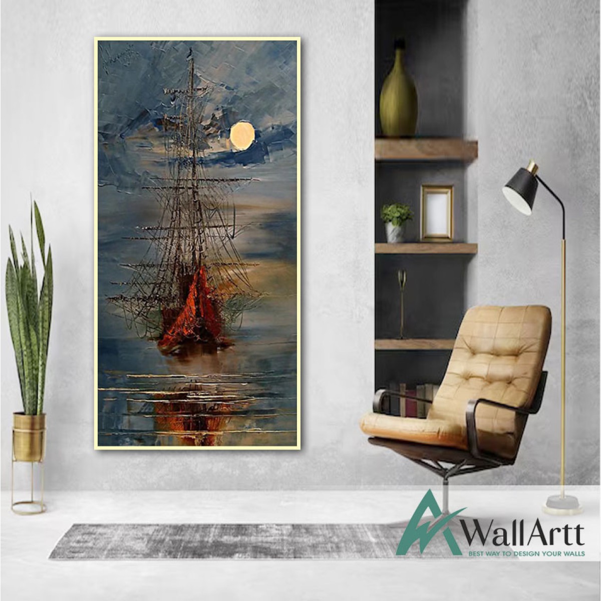 Sailboat under the Moon Textured Partial Oil Painting