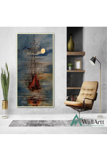 Sailboat under the Moon Textured Partial Oil Painting