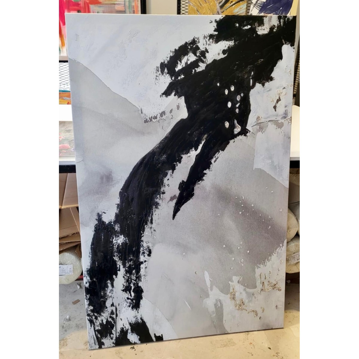 Black White with Gold 3 Piece Textured Partial Oil Painting