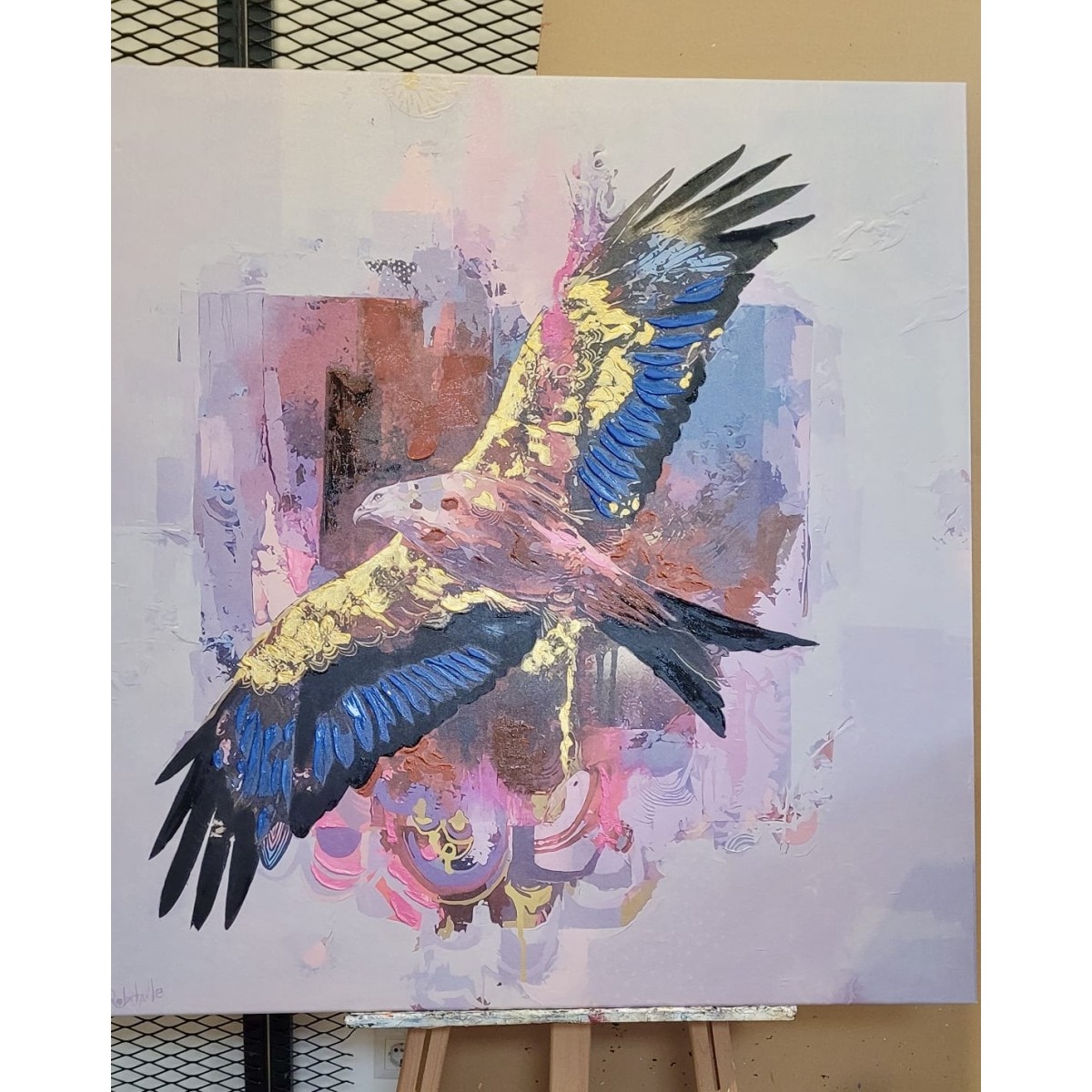 Abstract Bird with Gold Wings Textured Partial Oil Painting