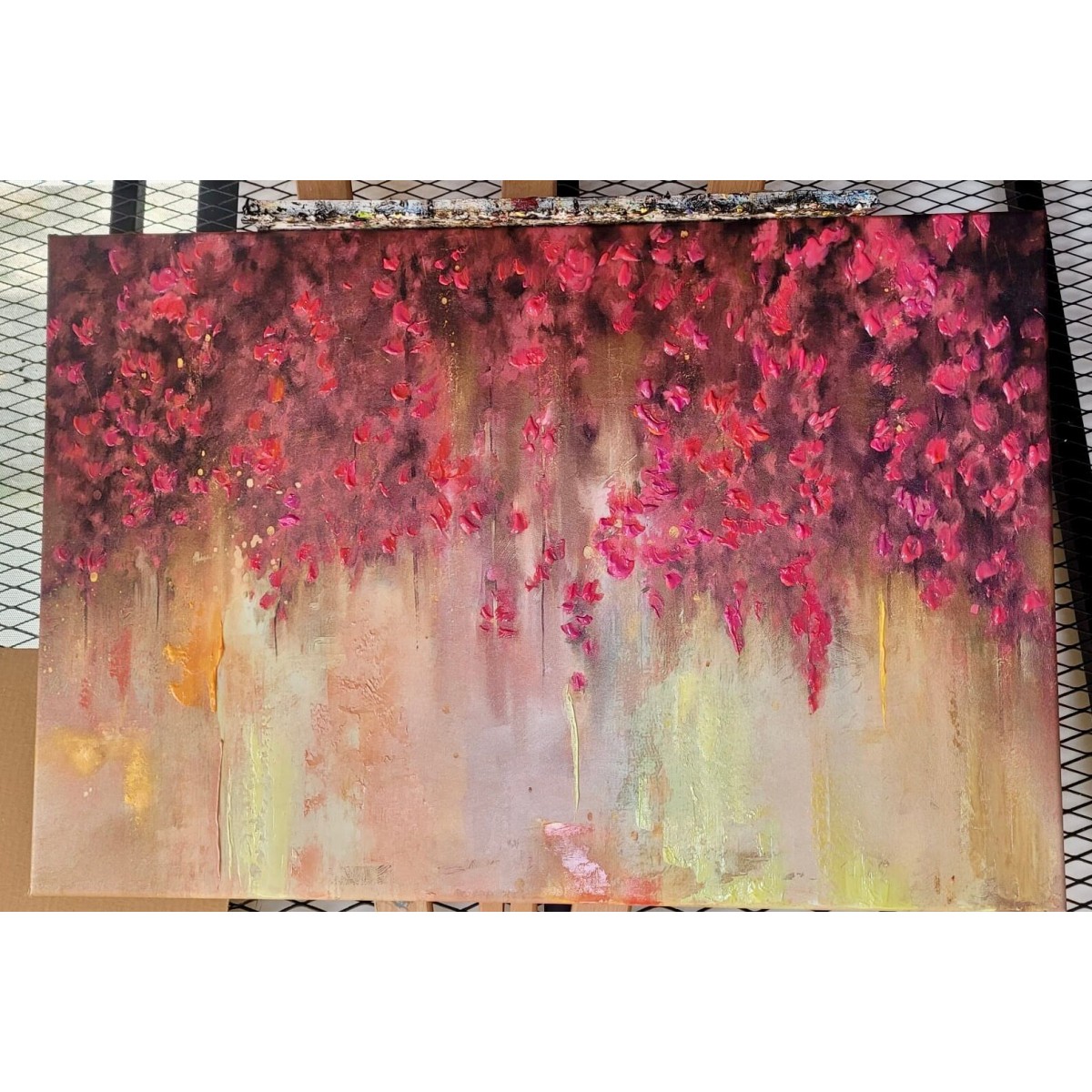 Abstract Burgandy Flowers Mixed Media Painting