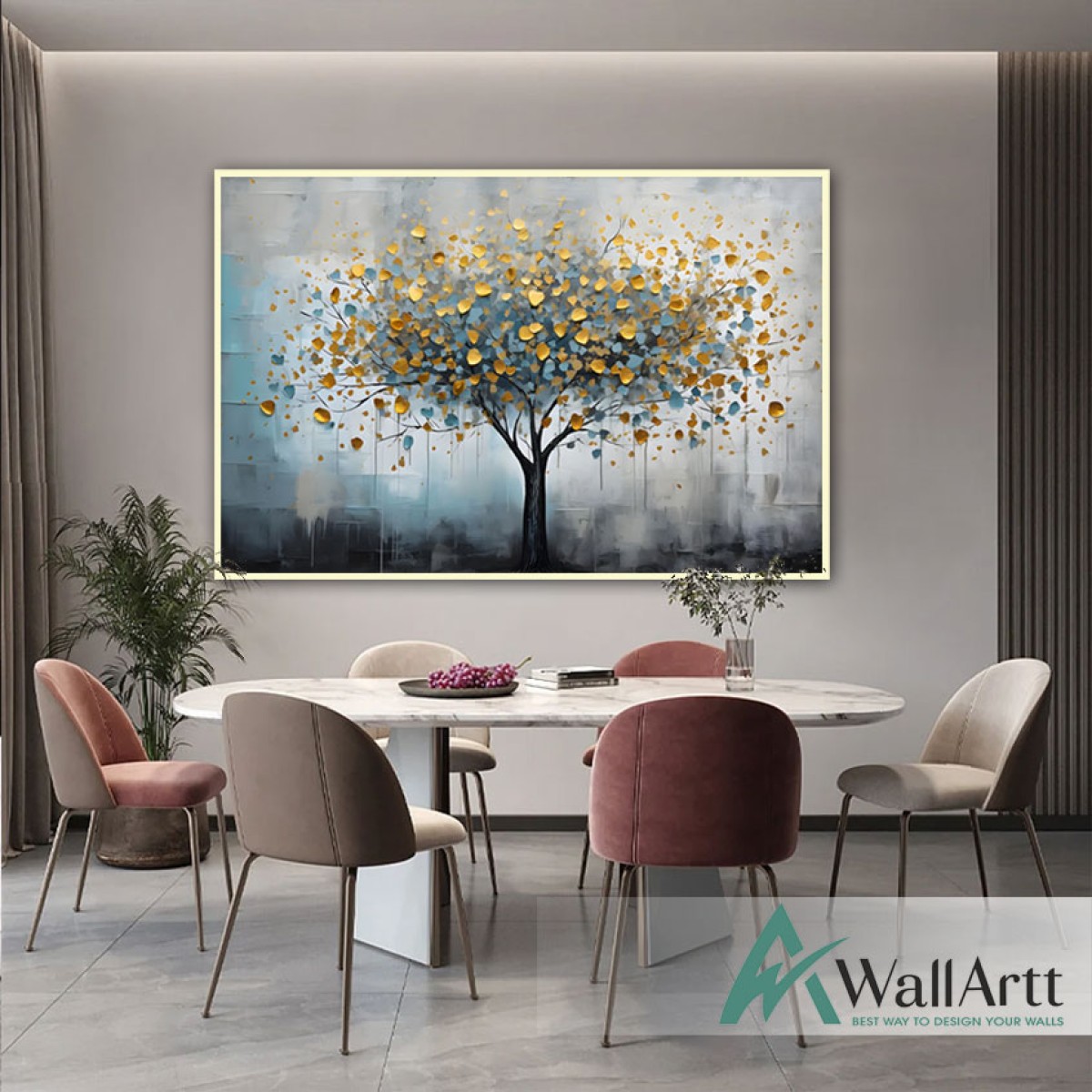 Gold Blue Tree 3d Heavy Textured Partial Oil Painting - Wall Art