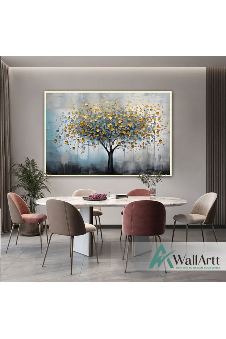 Gold Blue Tree 3d Heavy Textured Partial Oil Painting - Wall Art