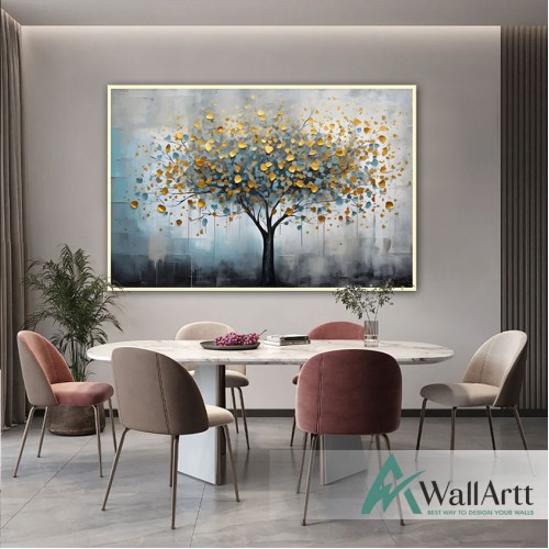 Gold Blue Tree 3d Heavy Textured Partial Oil Painting - Wall Art