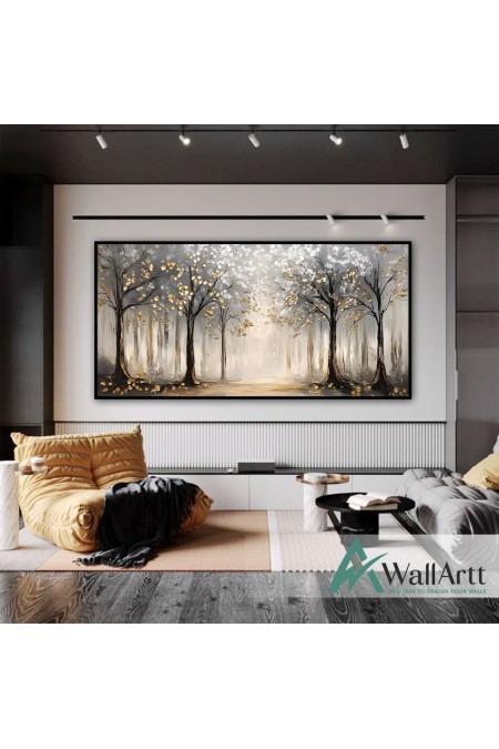 Golden Forest Path 3d Heavy Textured Partial Oil Painting - Wall Art