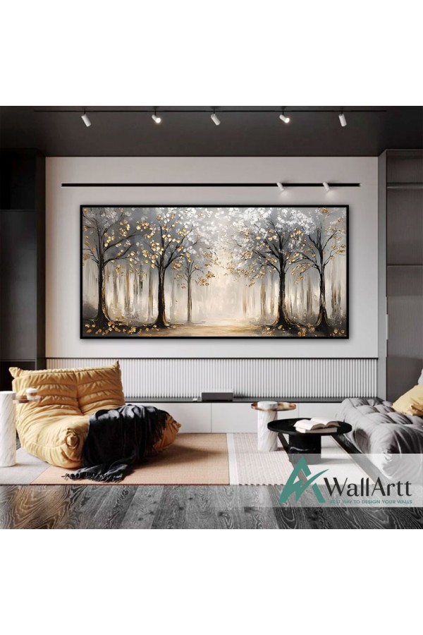 Golden Forest Path 3d Heavy Textured Partial Oil Painting - Wall Art