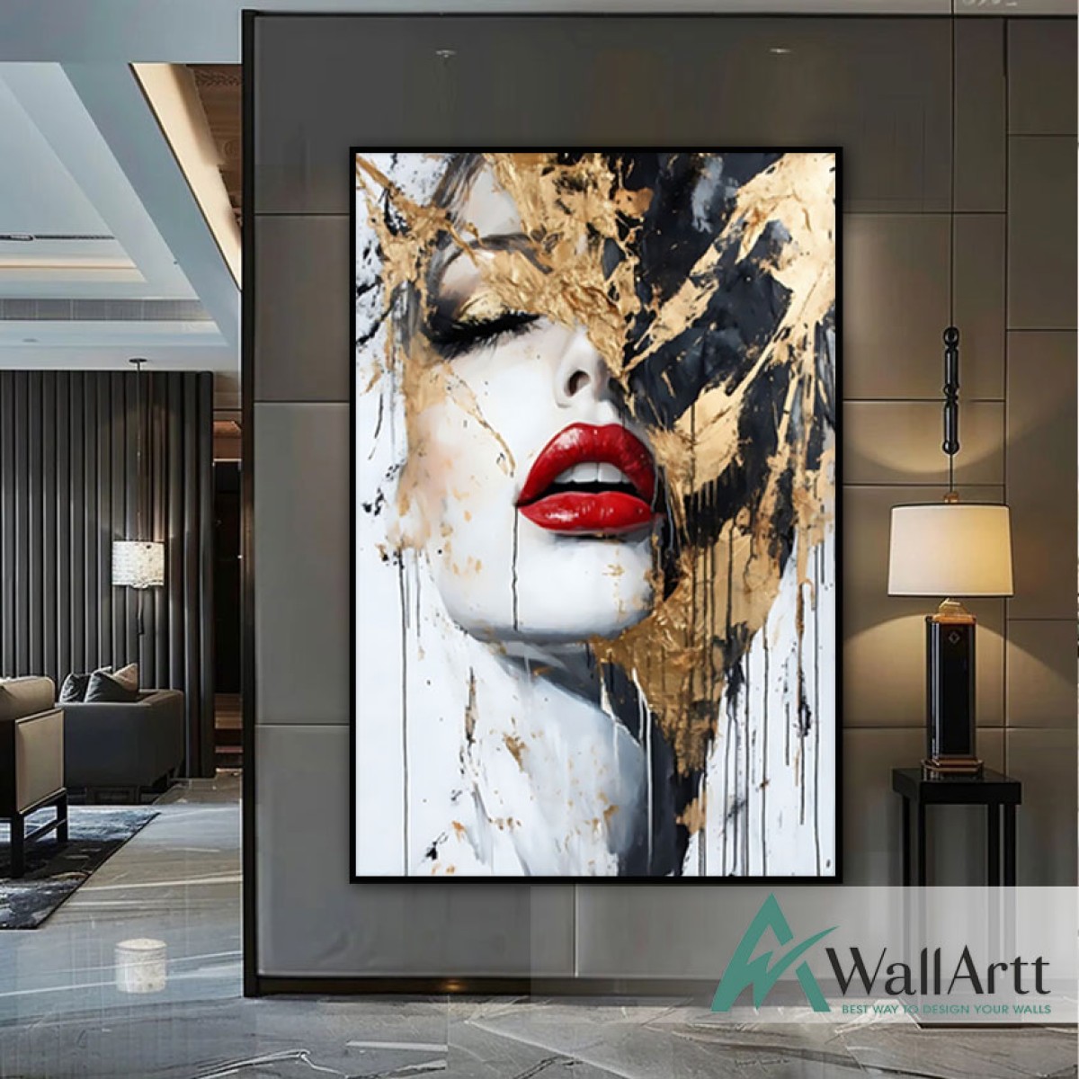 Woman Face with Gold Foil 3D Heavy Textured Partial oil Painting - Wall Art