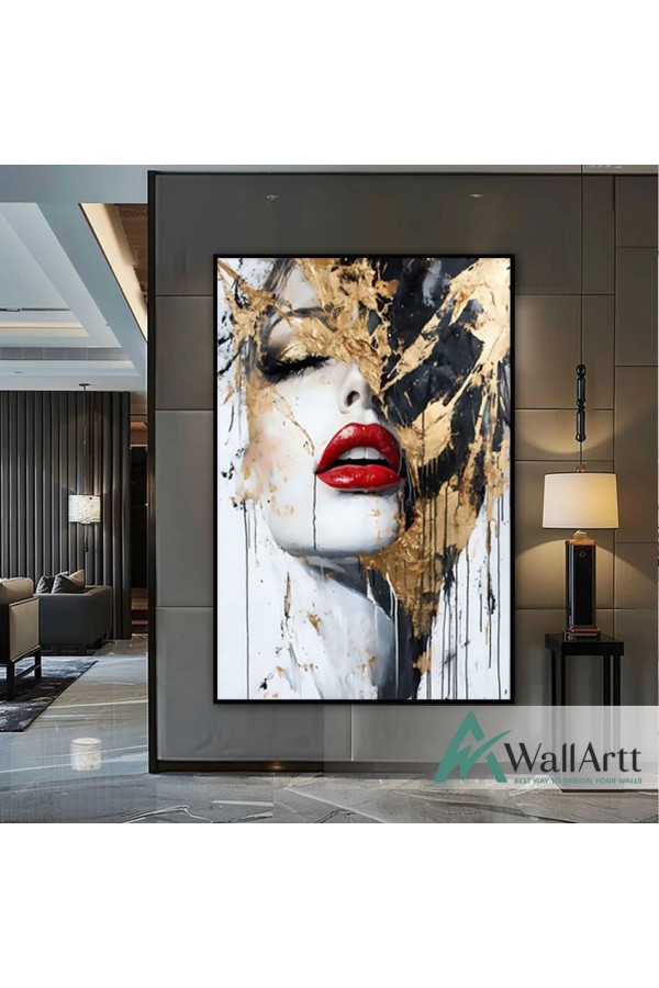 Woman Face with Gold Foil 3D Heavy Textured Partial oil Painting - Wall Art