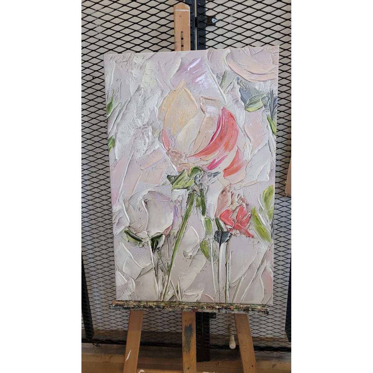 Pale Pink Flowers 3d Heavy Textured Partial Oil Painting