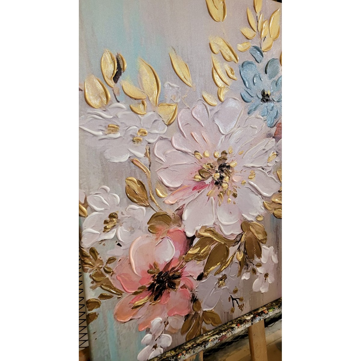 Flower with Gold Leaves 3d Heavy Textured Partial Oil Painting