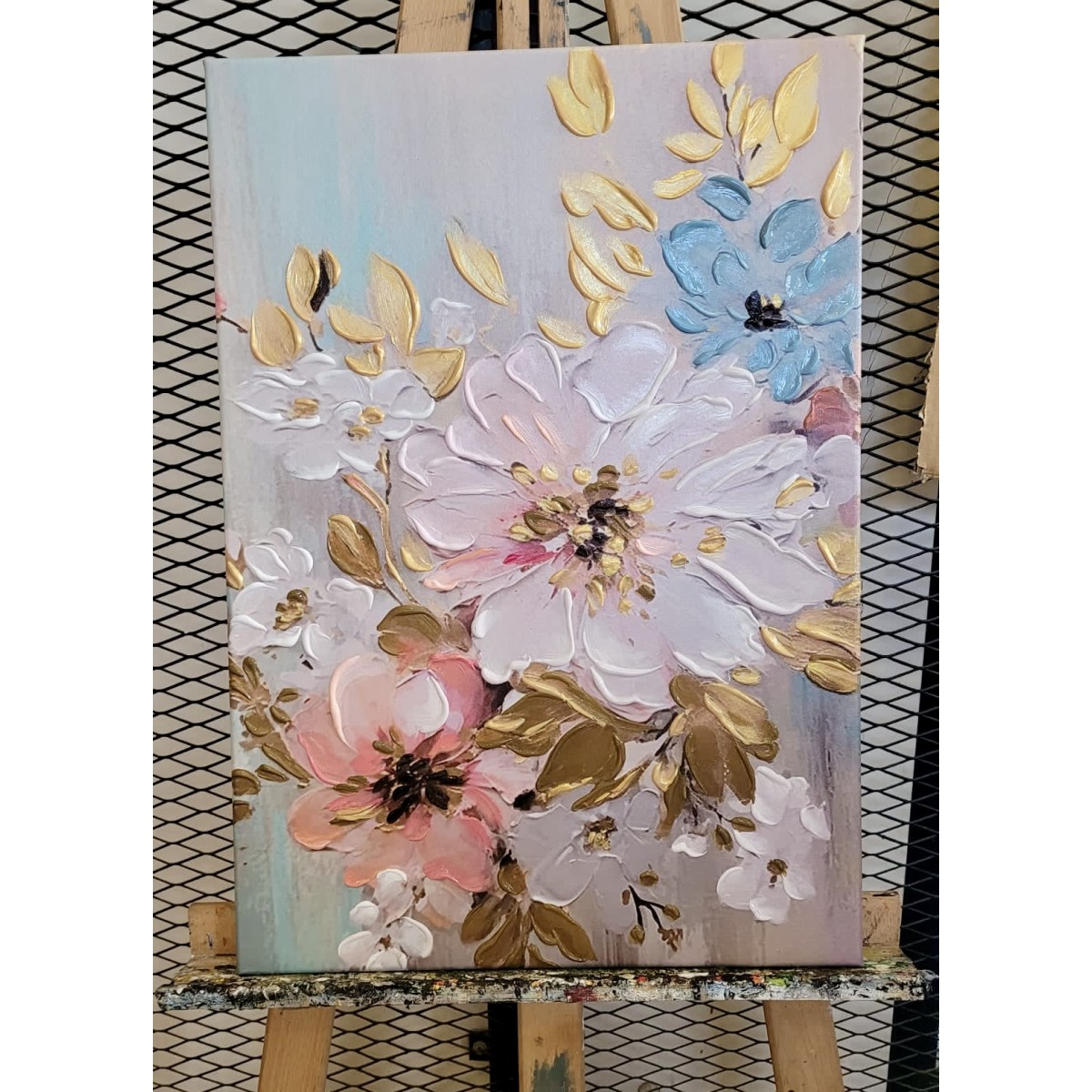 Flower with Gold Leaves 3d Heavy Textured Partial Oil Painting