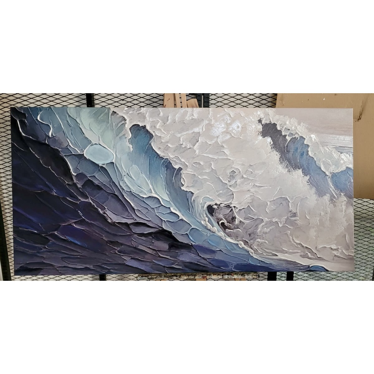 Abstract White Blue Waves 3d Heavy Textured Partial Oil Painting