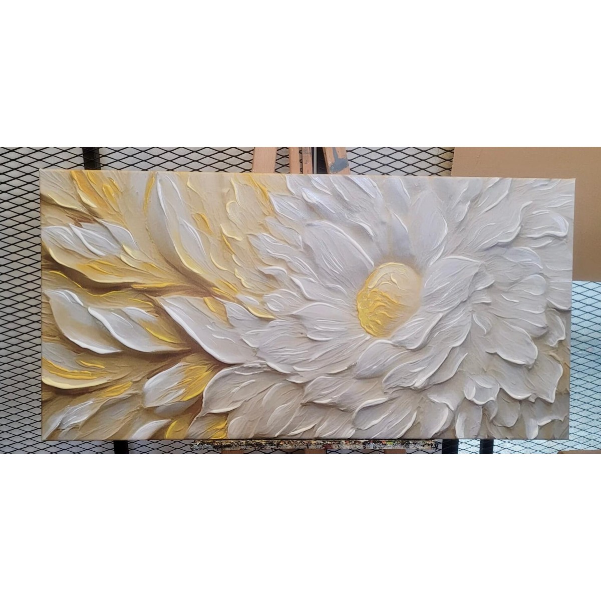 White Flower with Yellow Leaves 3d Heavy Textured Partial Oil Painting