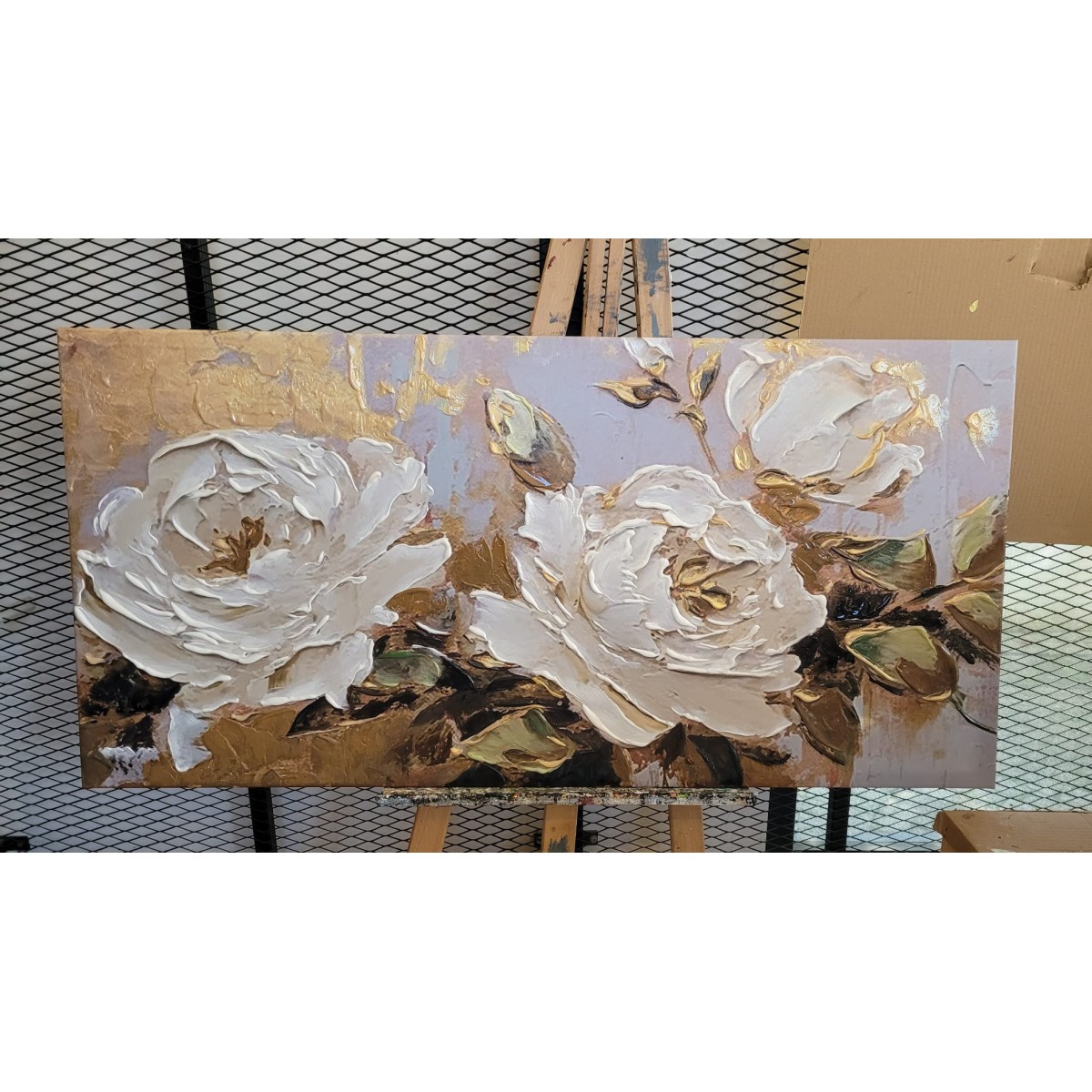 Cream Roses with Gold Leaf 3d Heavy Textured Partial Oil Painting