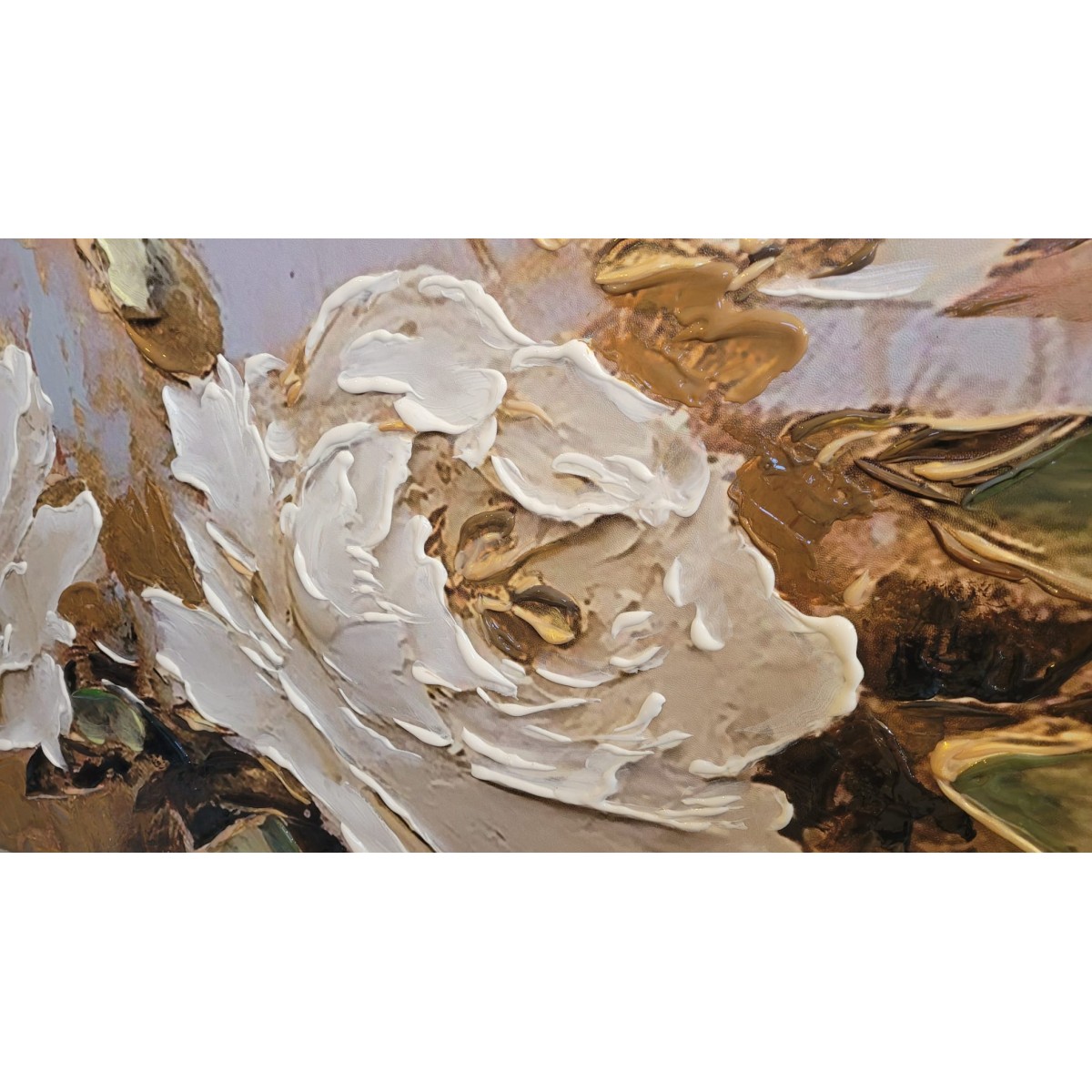 Cream Roses with Gold Leaf 3d Heavy Textured Partial Oil Painting