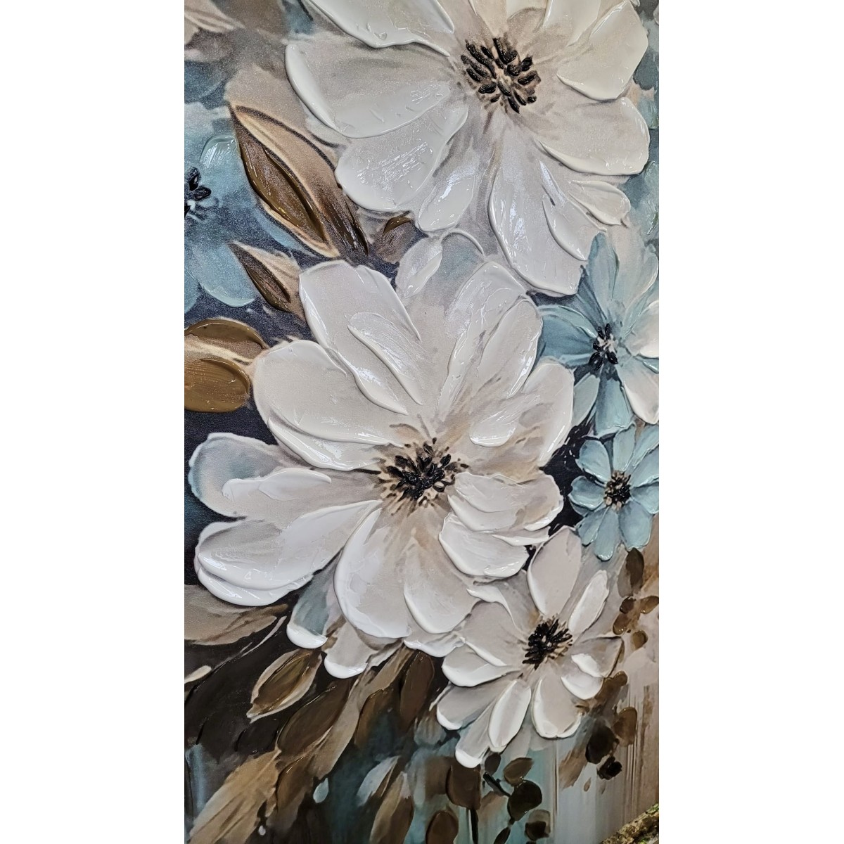 White Blue Flowers with Gold Leaves II 3d Heavy Textured Partial Oil Painting