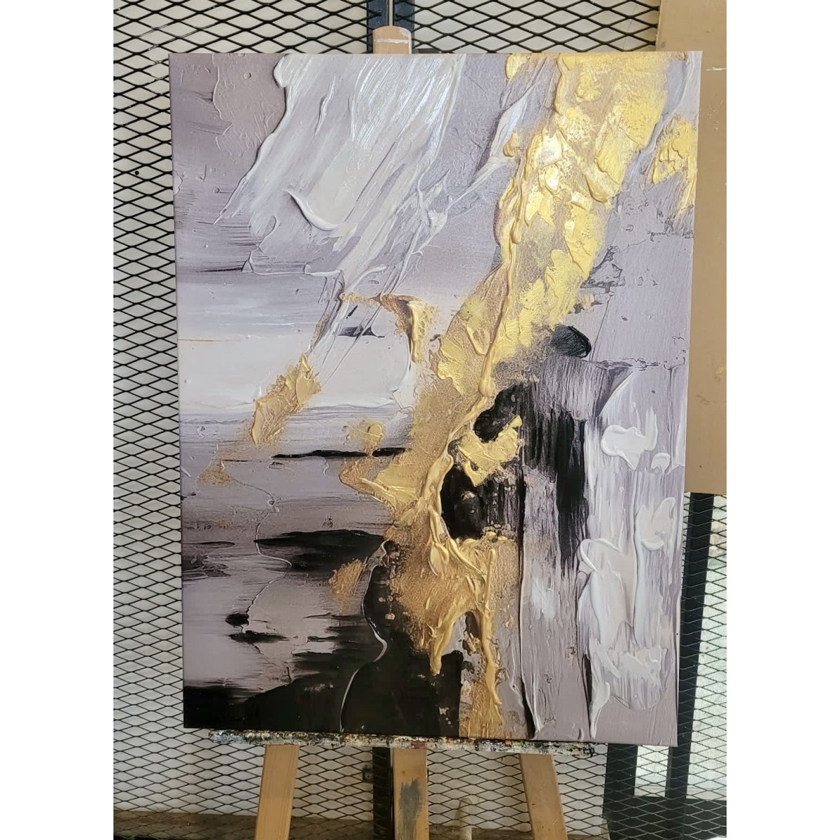 Gold Splash with Black n White 3d Heavy Textured Partial Oil Painting
