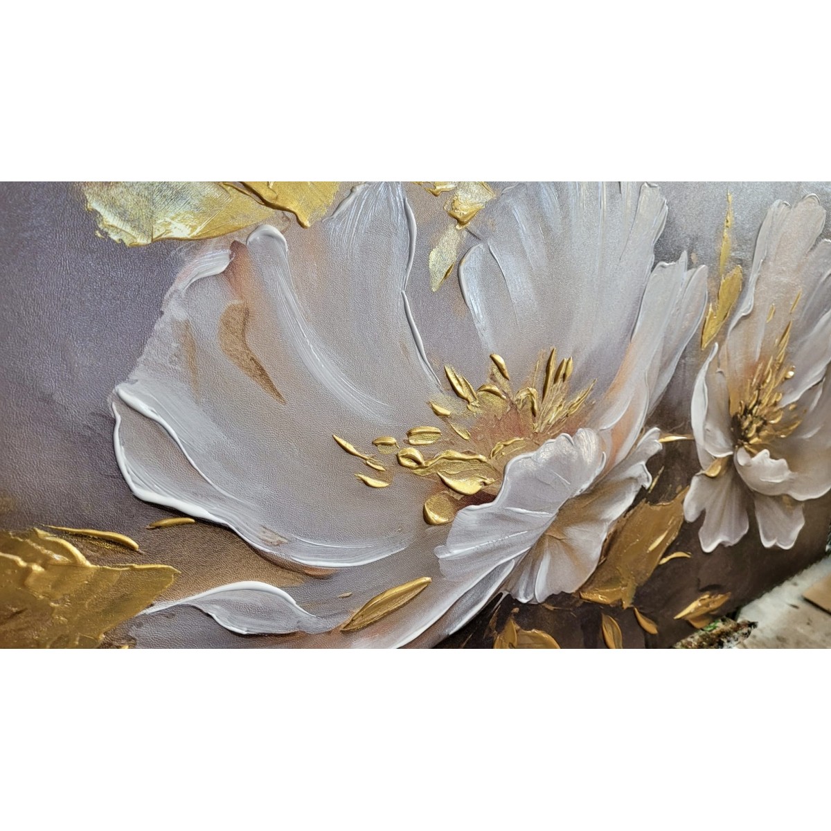 White Flowers with Gold Leaves III 3d Heavy Textured Partial Oil Painting