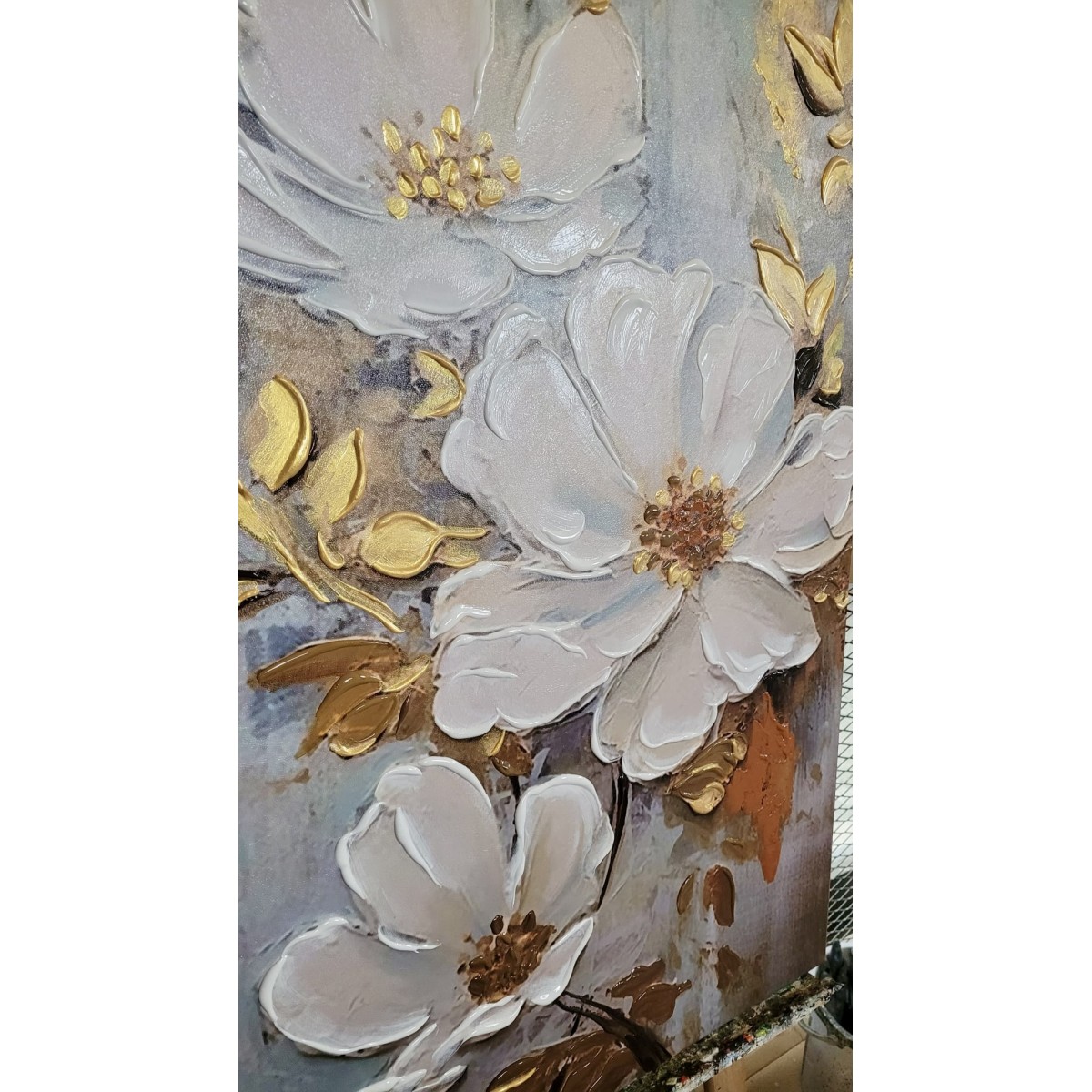 White Flowers with Gold Leaves 3d Heavy Textured Partial Oil Painting