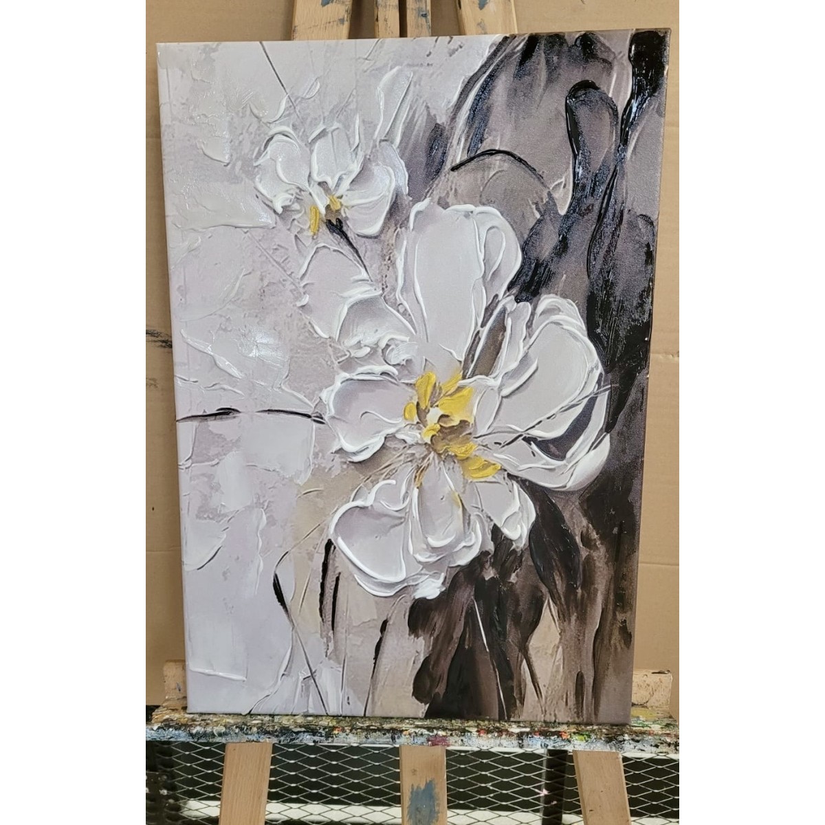 Abstract 2 White Flowers 3d Heavy Textured Partial Oil Painting